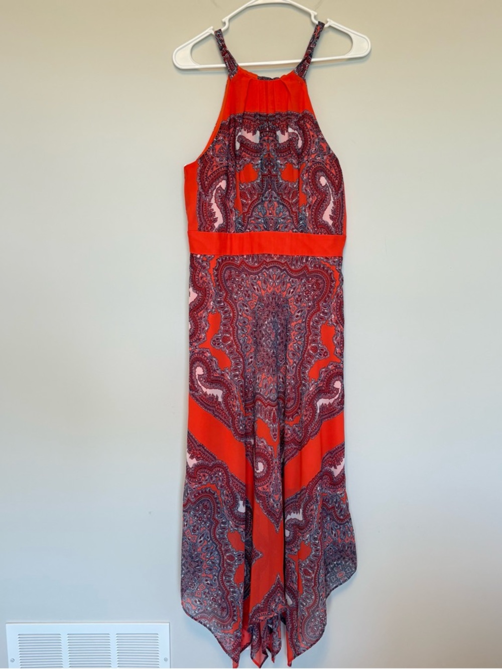 Studio One Bright Orange Paisley Print boho halter maxi hanky dress size 8